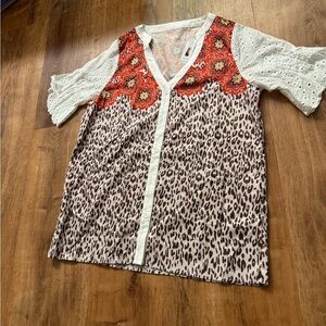 Leopard Print Blouse with Lace Sleeves